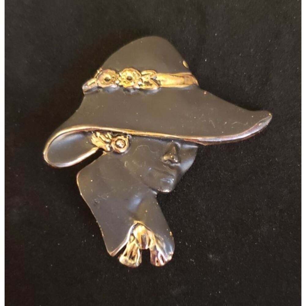 Artsy, Modern, Understated Vintage Unmarked Black Enamel & Gold Tone Lady in Hat